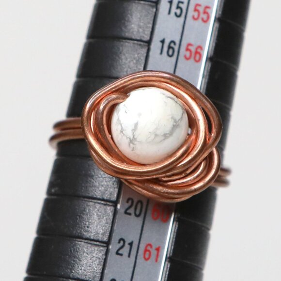 Handmade Copper Wire Wrapped Ring | White Ceramic Bead Grey Veins | Bohemian - Picture 5 of 7